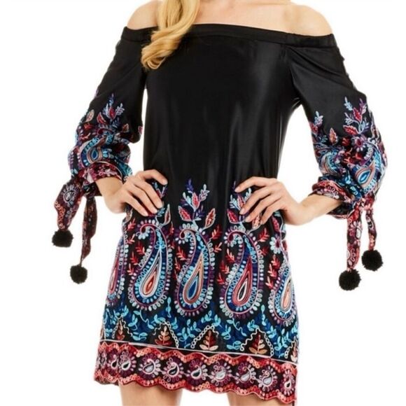 Nicole Miller New York  Off Shoulder Embroidery Dress Black Paisley Size 4 - Picture 1 of 9